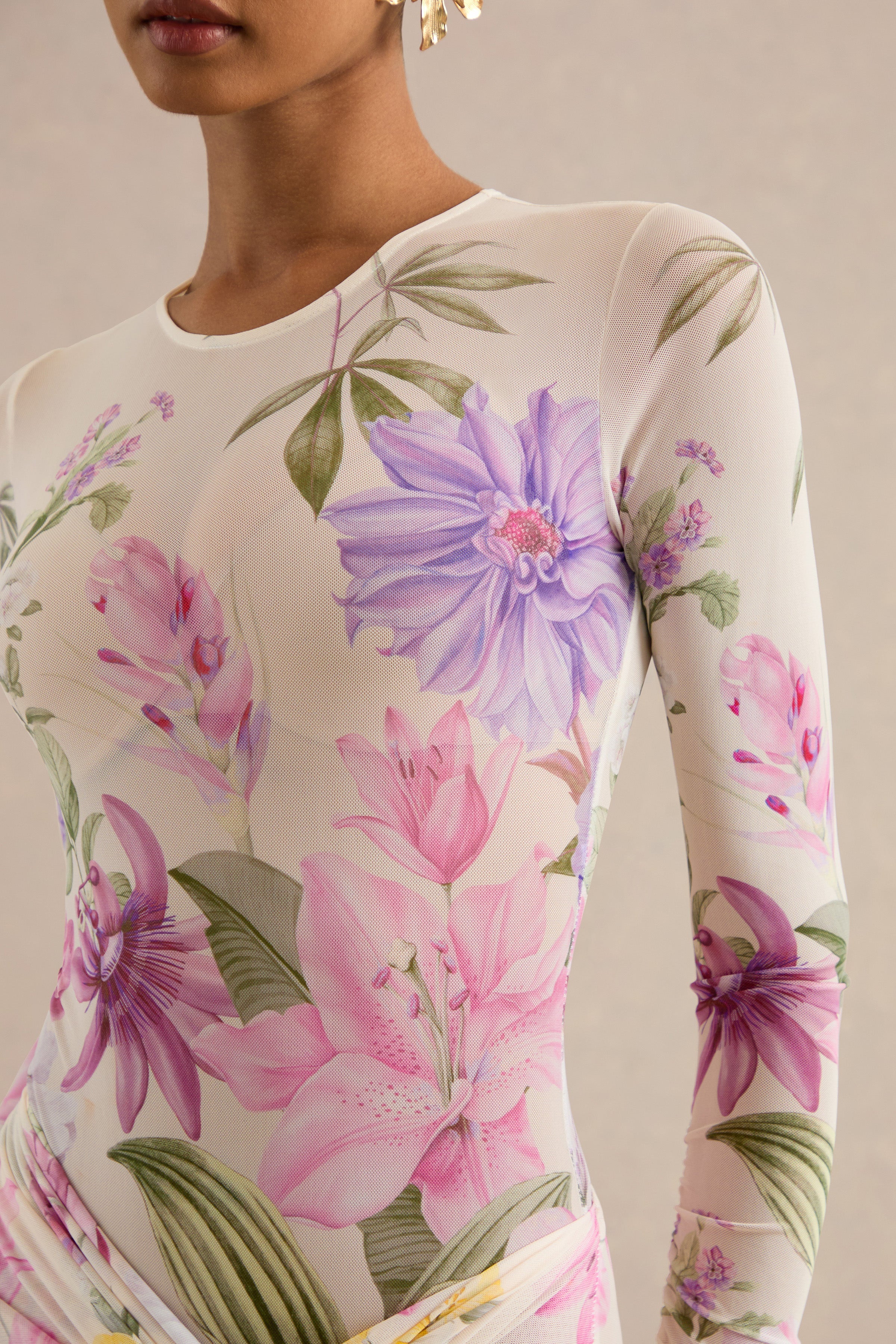 Malva | Cream Floral Print Mesh Round-Neck Bodysuit