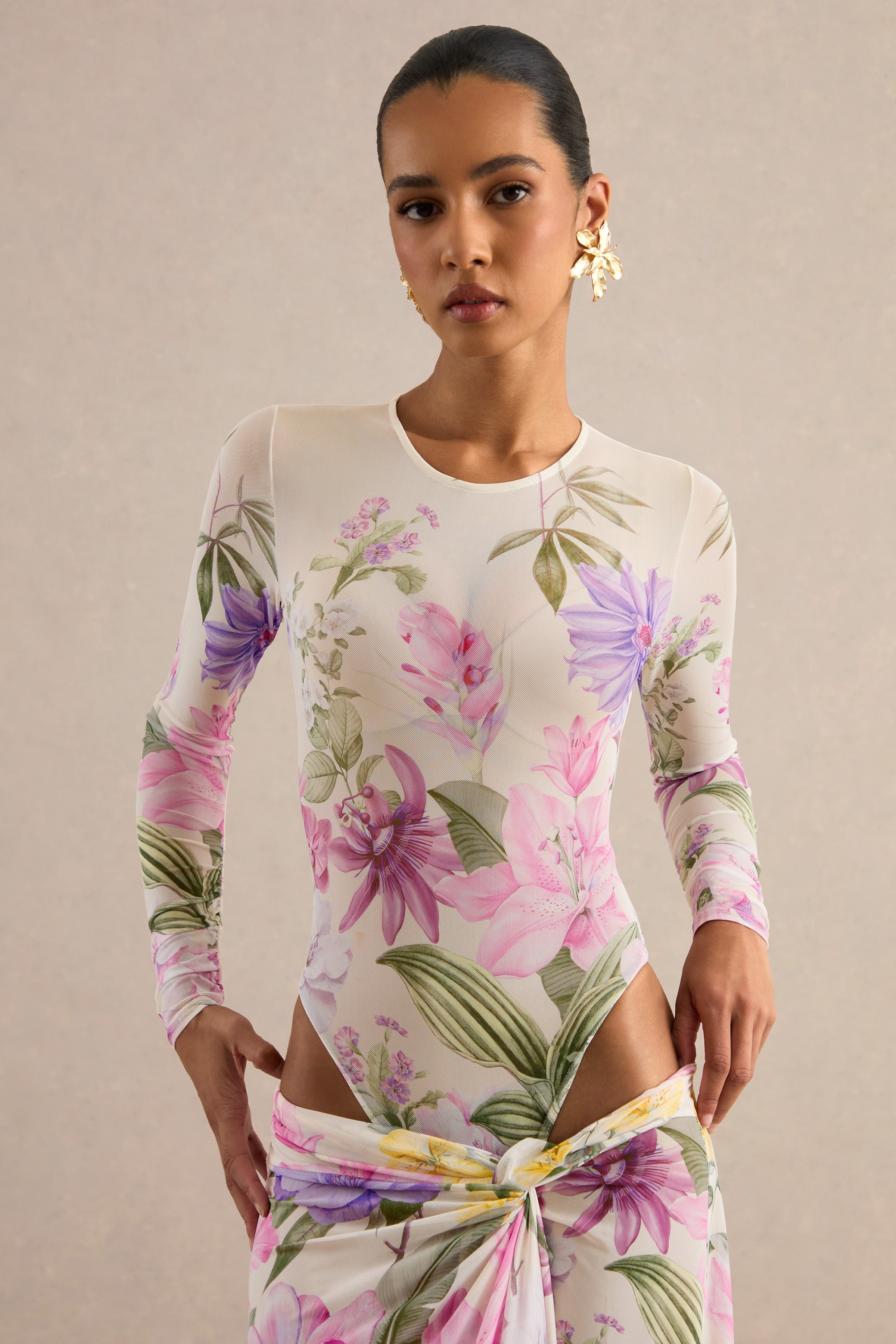 Malva | Cream Floral Print Mesh Round-Neck Bodysuit