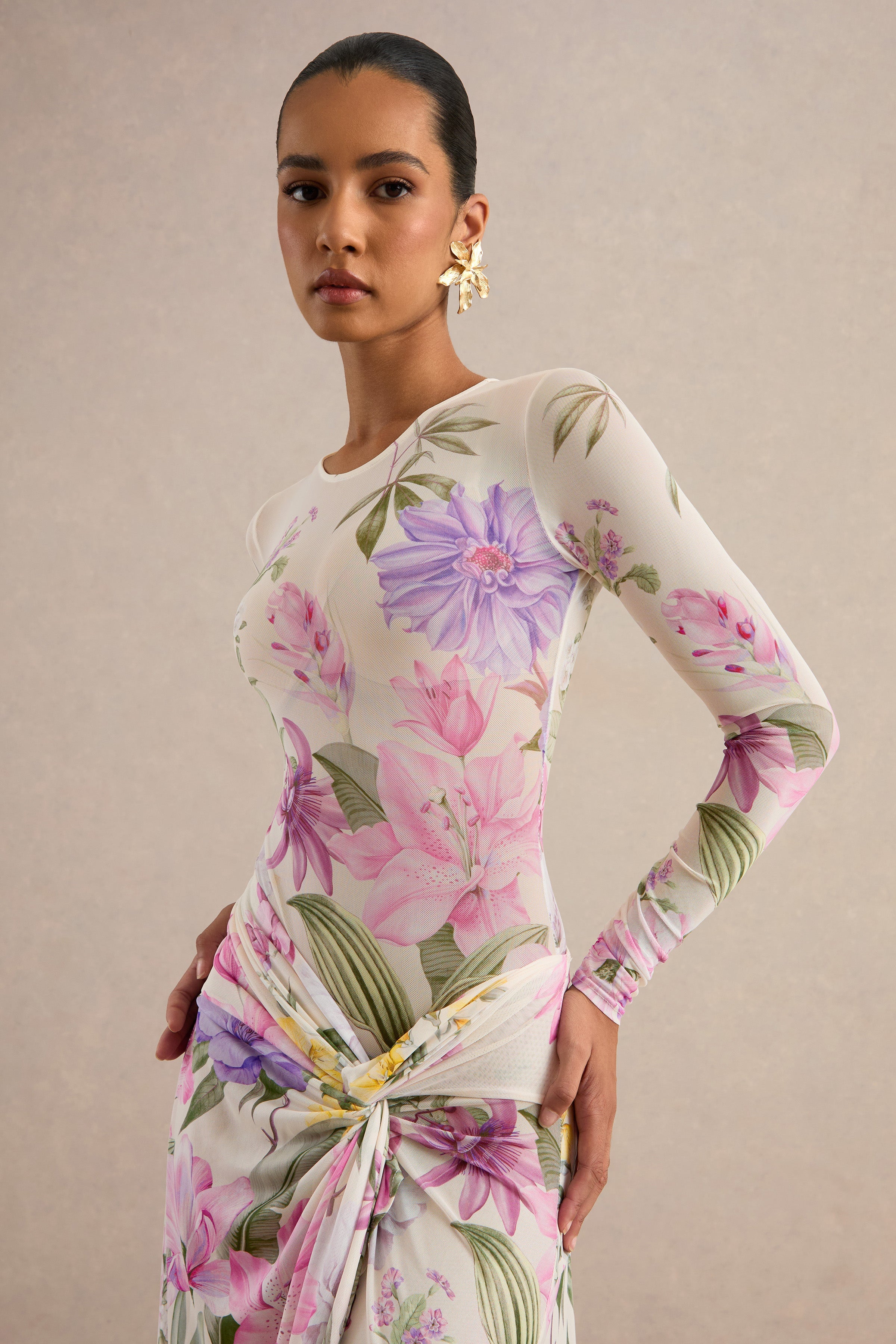 Malva | Cream Floral Print Mesh Round-Neck Bodysuit