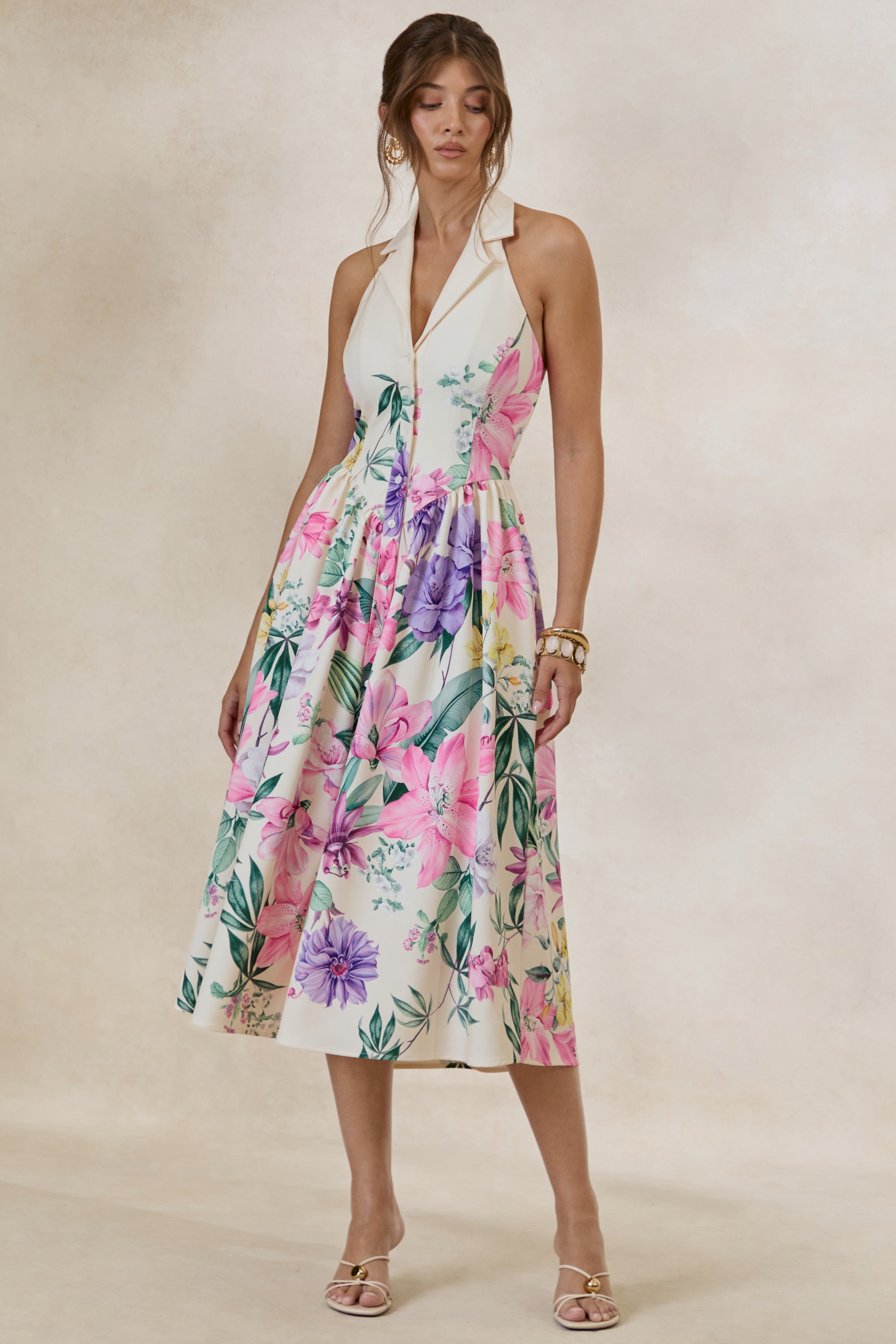 Maila | Cream Floral Print Collared Halter-Neck Midi Dress