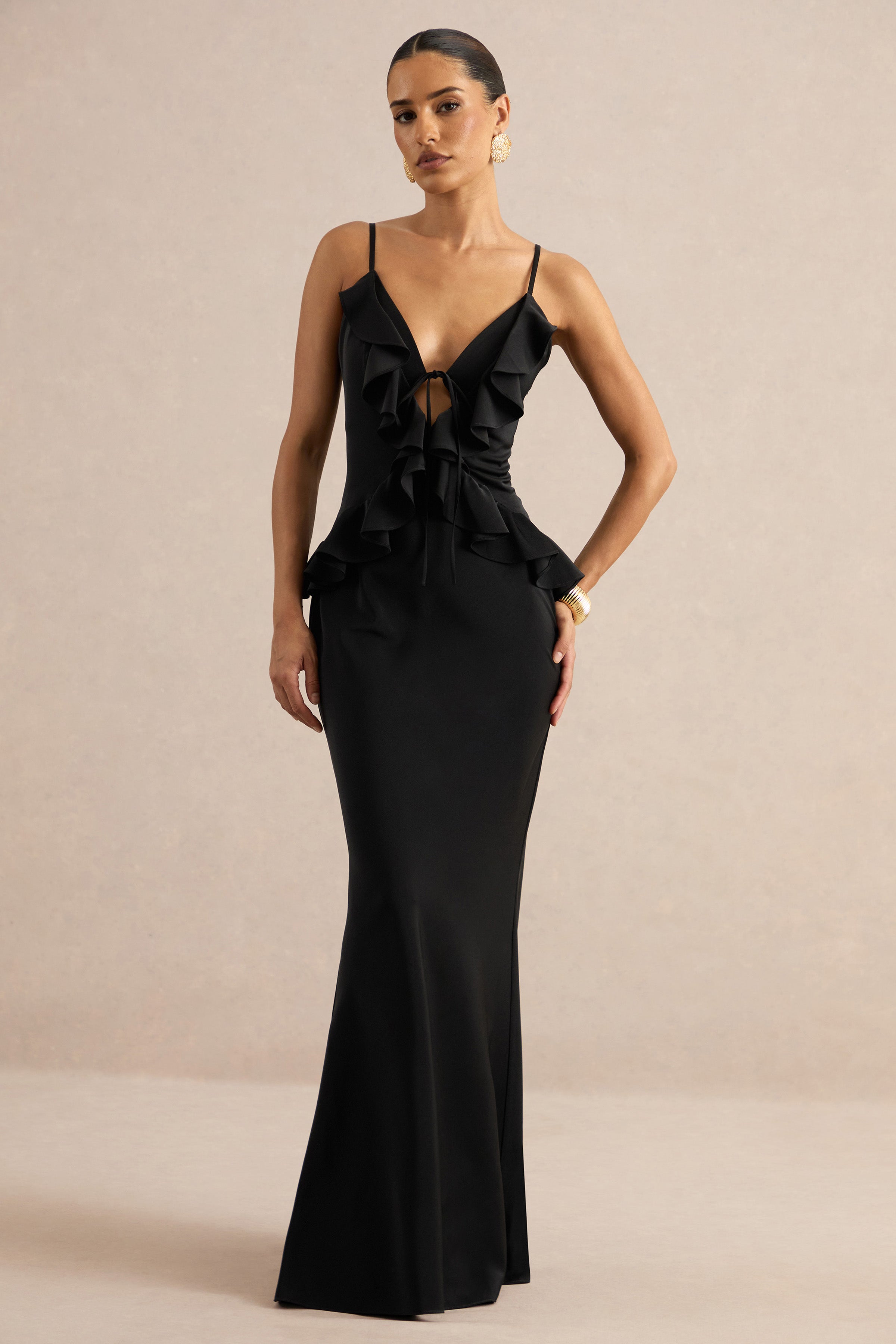 Marlen | Black Satin Plunge-Neck Maxi Dress With Ruffled Detailing
