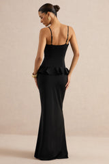 Marlen | Black Satin Plunge-Neck Maxi Dress With Ruffled Detailing