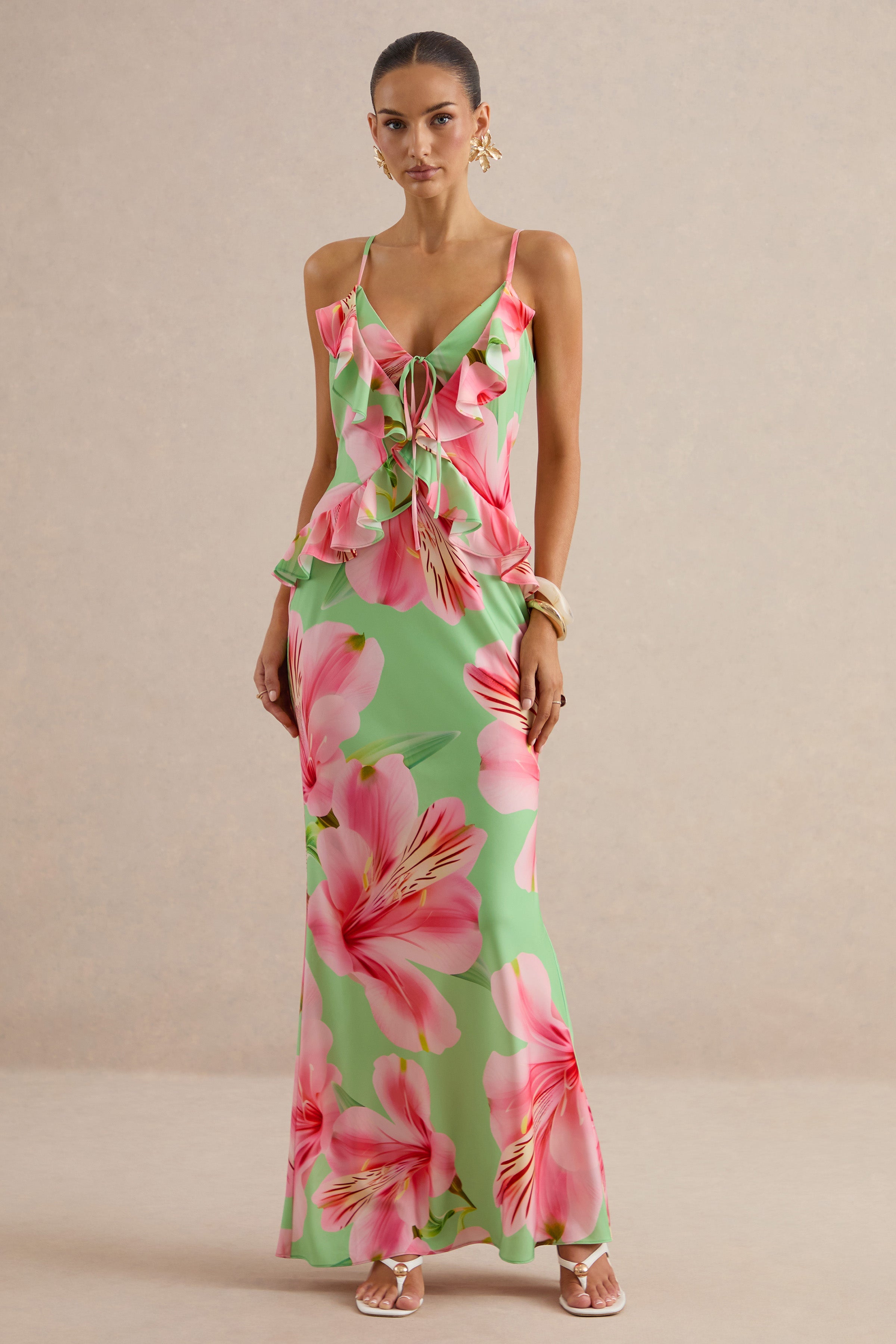 Marlen | Green Floral Print Satin Plunge-Neck Maxi Dress With Ruffled Detailing