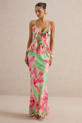Marlen | Green Floral Print Satin Plunge-Neck Maxi Dress With Ruffled Detailing