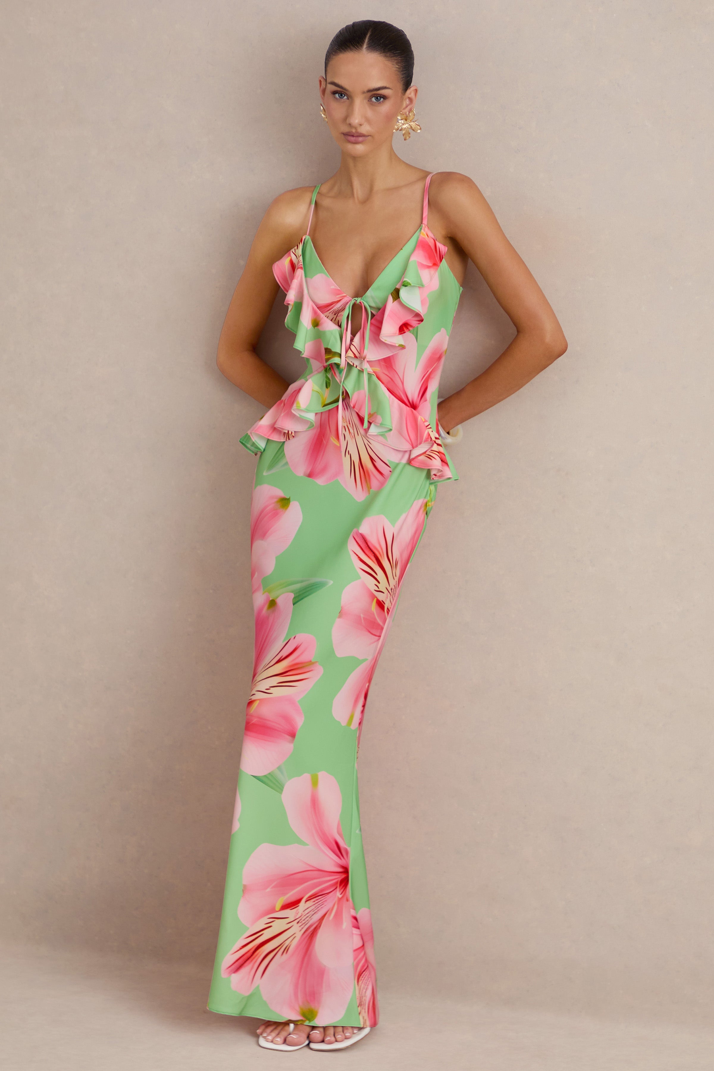 Marlen | Green Floral Print Satin Plunge-Neck Maxi Dress With Ruffled Detailing
