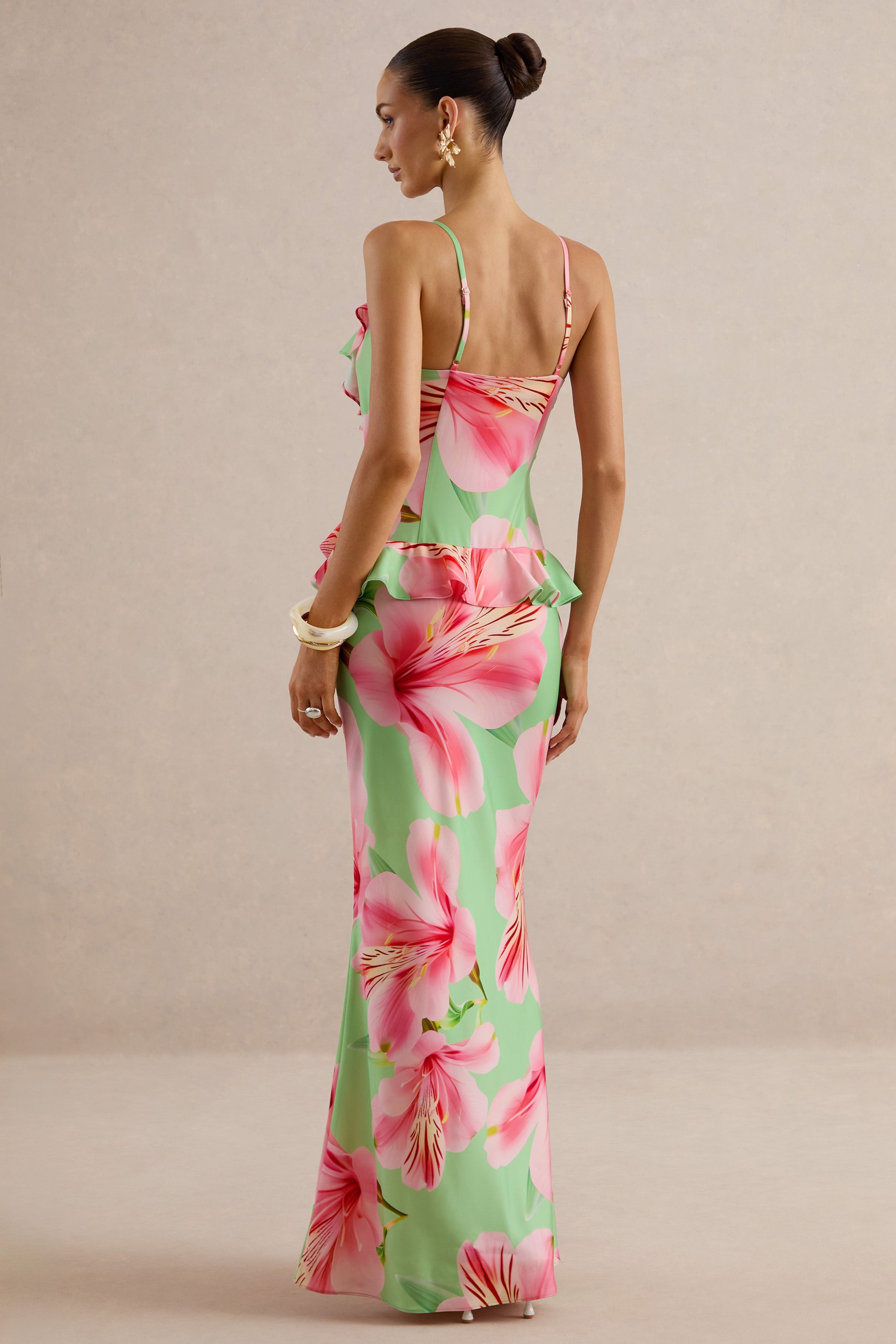 Marlen | Green Floral Print Satin Plunge-Neck Maxi Dress With Ruffled Detailing