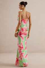 Marlen | Green Floral Print Satin Plunge-Neck Maxi Dress With Ruffled Detailing