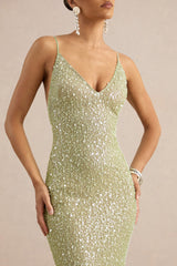 Minna | Sage Sheer Sequin Plunge-Neck Maxi Dress