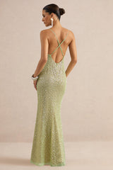 Minna | Sage Sheer Sequin Plunge-Neck Maxi Dress