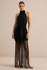 Moana | Black Halter-Neck Fringed Maxi Dress With Ruched Detailing