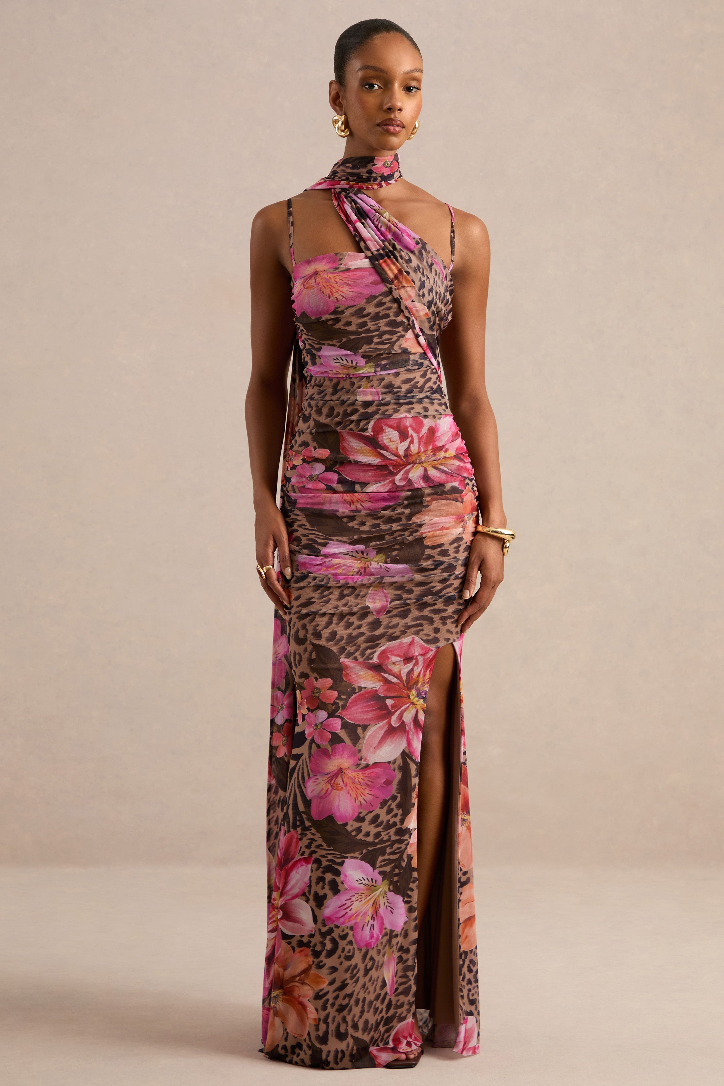 Navia | Brown Animal And Floral Print Square-Neck Maxi Dress With Sash Detail