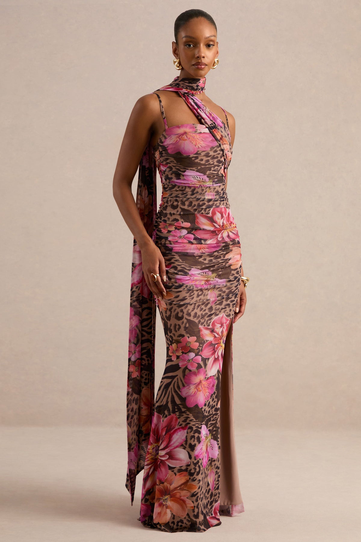Navia | Brown Animal And Floral Print Square-Neck Maxi Dress With Sash Detail