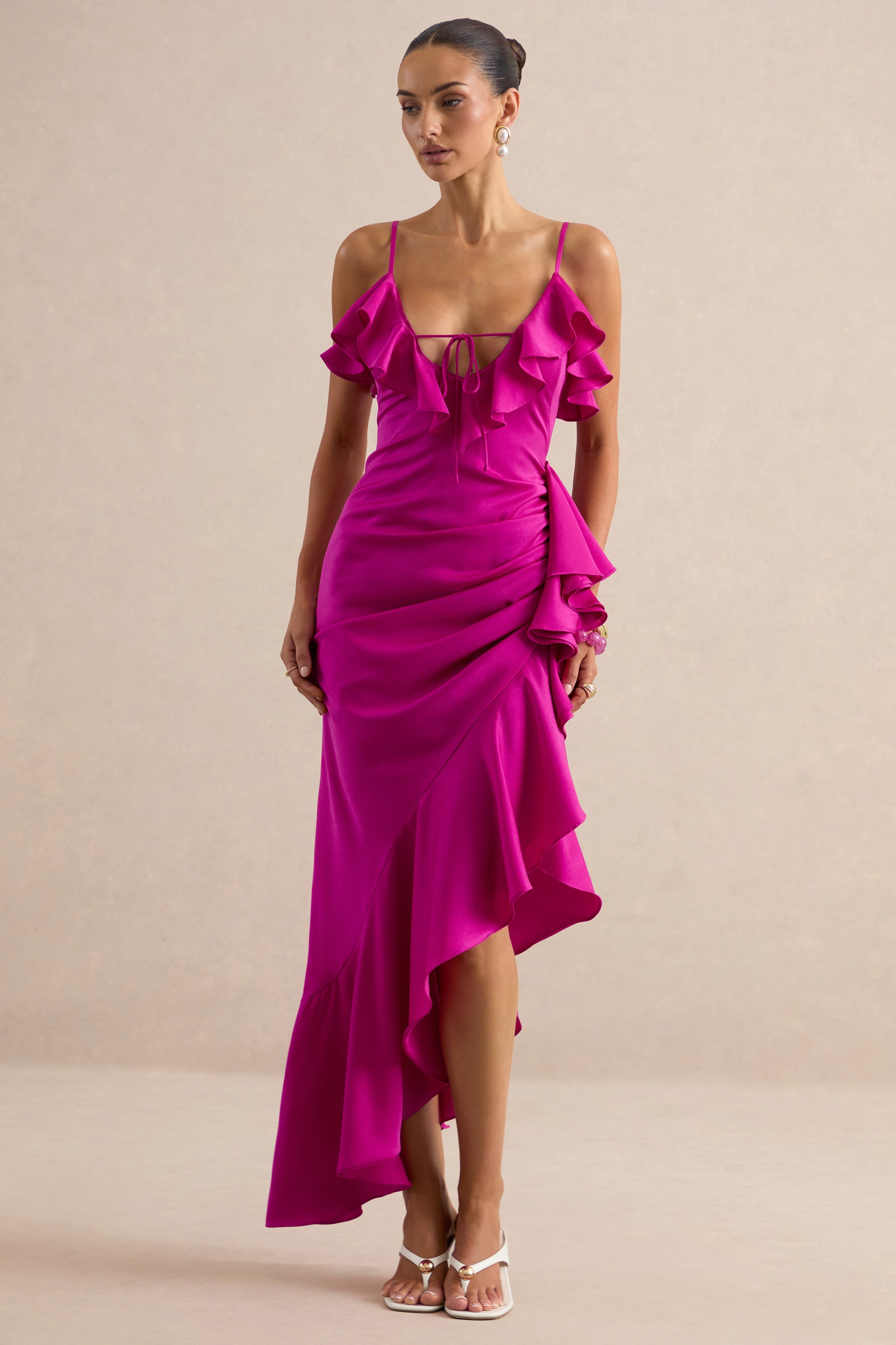 Salvina | Pink Satin V-Neck Maxi Dress With Ruffled Detailing And Scarf Detail