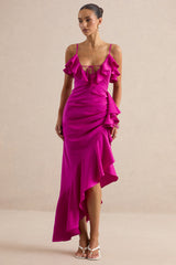 Salvina | Pink Satin V-Neck Maxi Dress With Ruffled Detailing And Scarf Detail