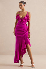 Salvina | Pink Satin V-Neck Maxi Dress With Ruffled Detailing And Scarf Detail