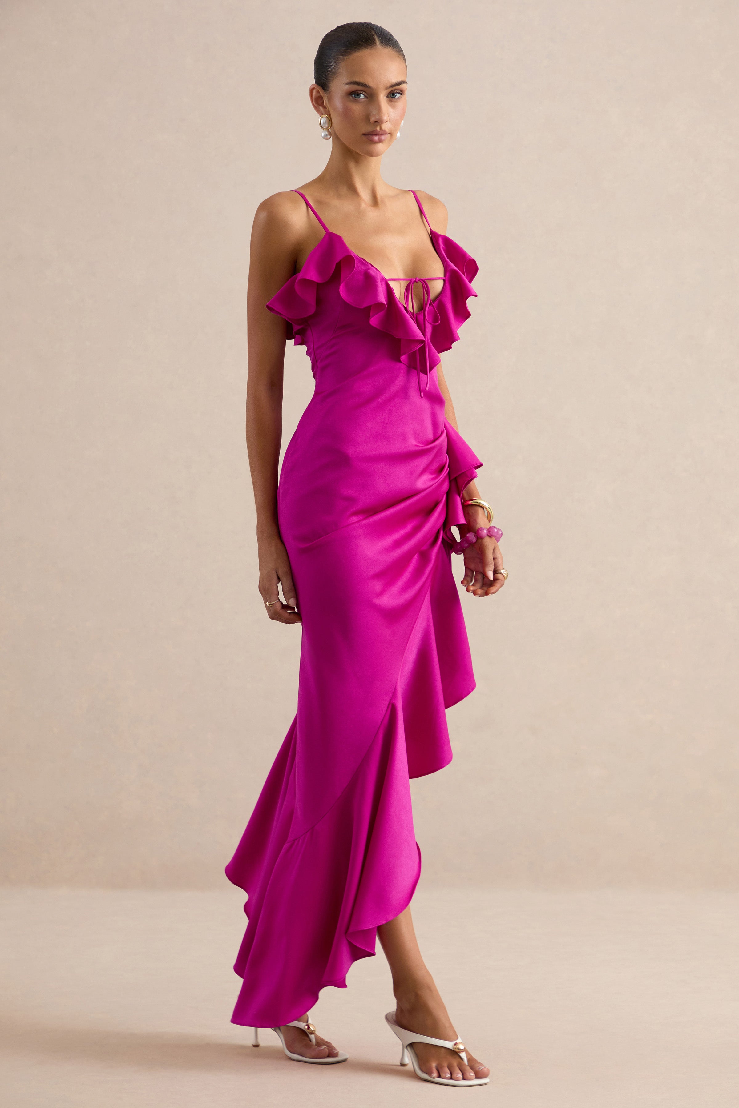 Salvina | Pink Satin V-Neck Maxi Dress With Ruffled Detailing And Scarf Detail