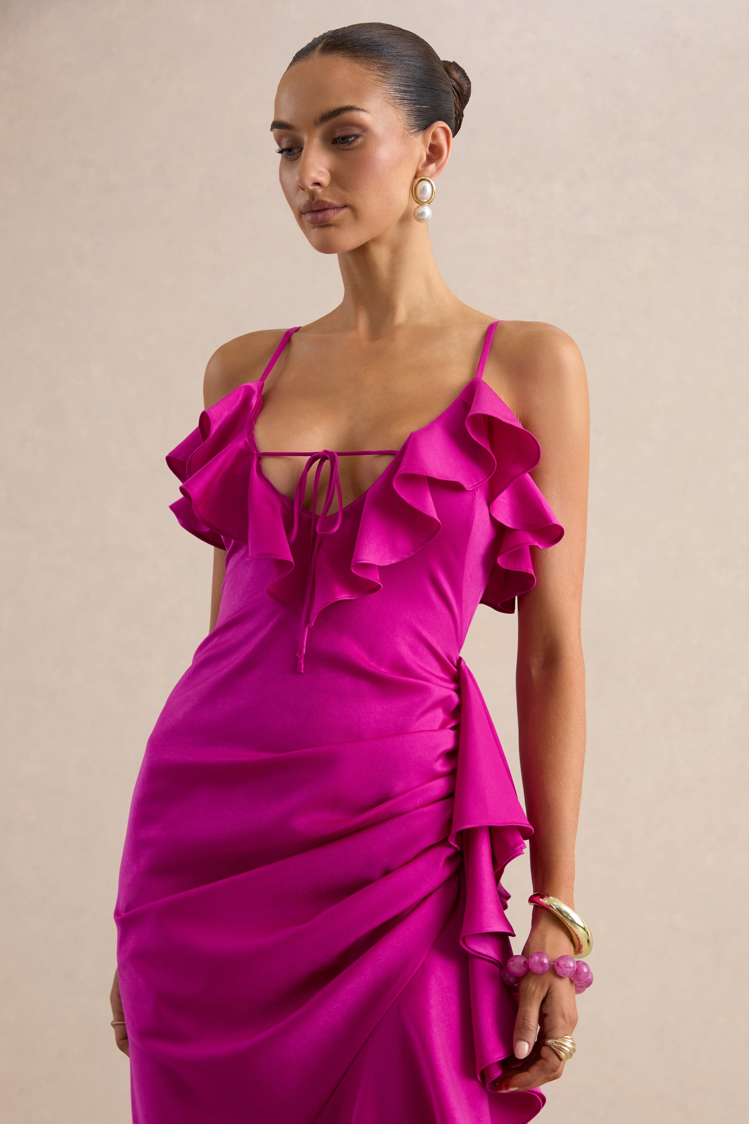 Salvina | Pink Satin V-Neck Maxi Dress With Ruffled Detailing And Scarf Detail