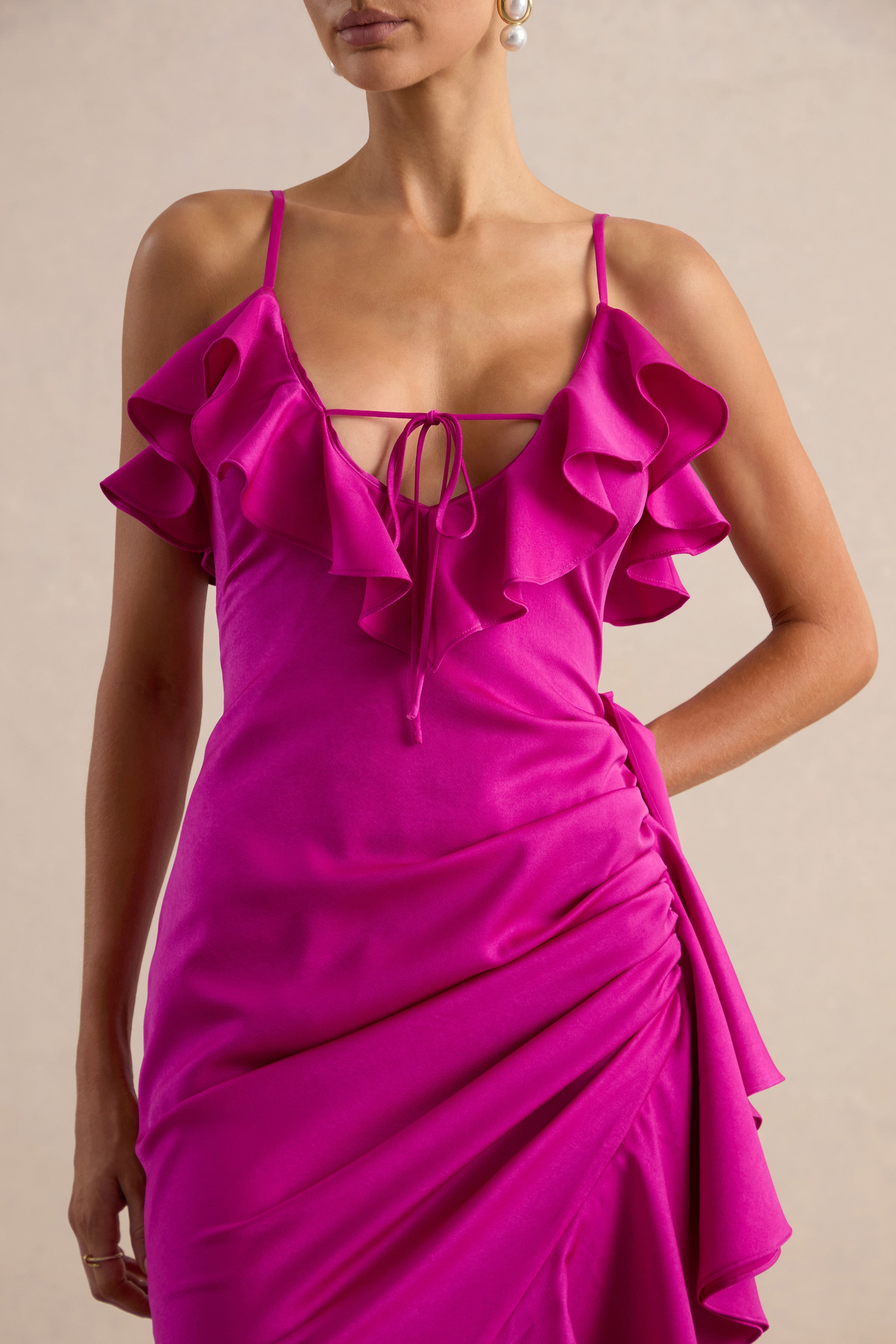Salvina | Pink Satin V-Neck Maxi Dress With Ruffled Detailing And Scarf Detail