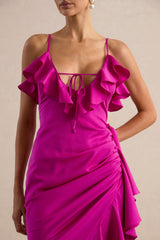 Salvina | Pink Satin V-Neck Maxi Dress With Ruffled Detailing And Scarf Detail