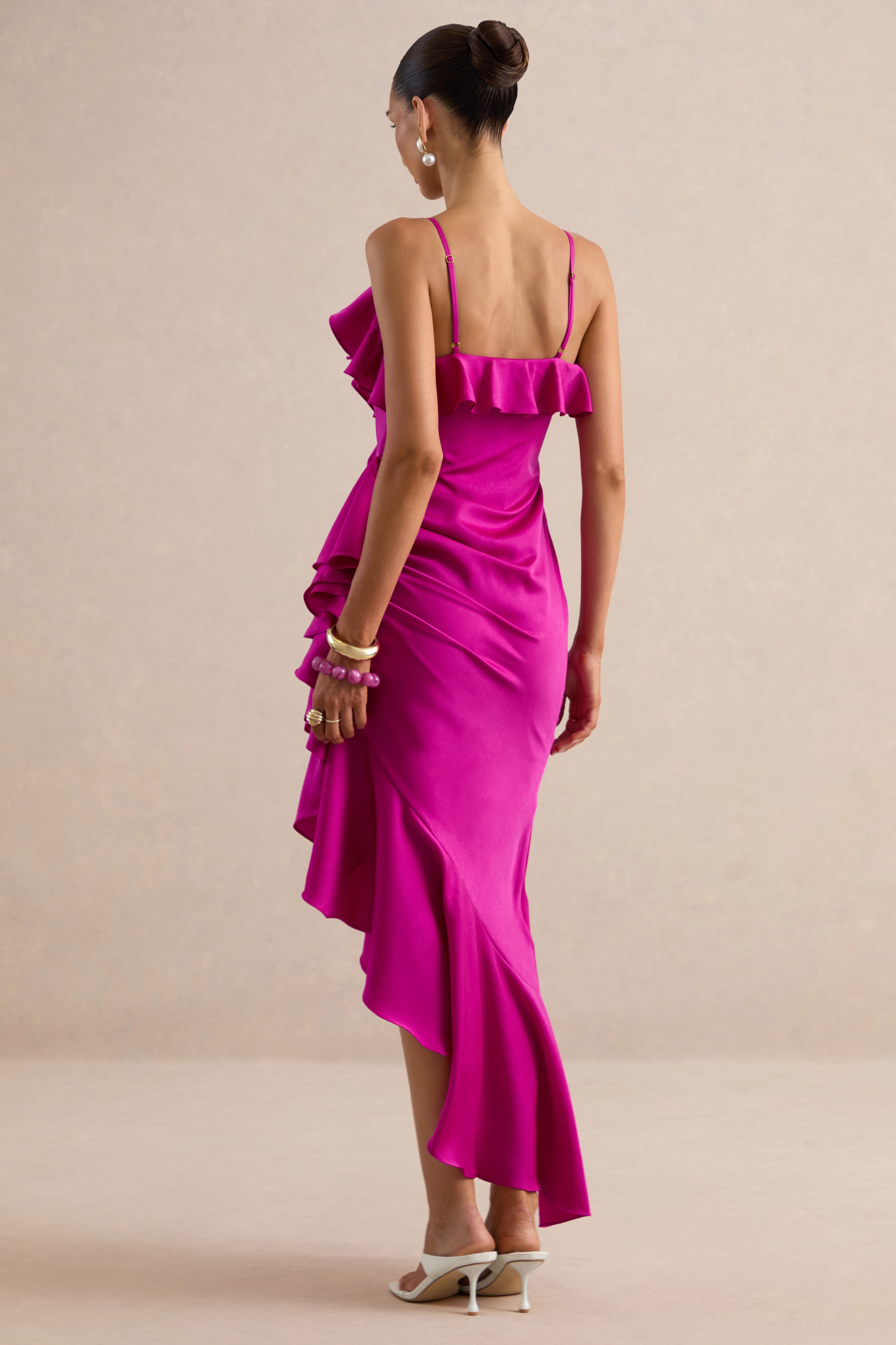 Salvina | Pink Satin V-Neck Maxi Dress With Ruffled Detailing And Scarf Detail