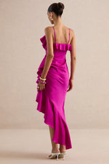 Salvina | Pink Satin V-Neck Maxi Dress With Ruffled Detailing And Scarf Detail