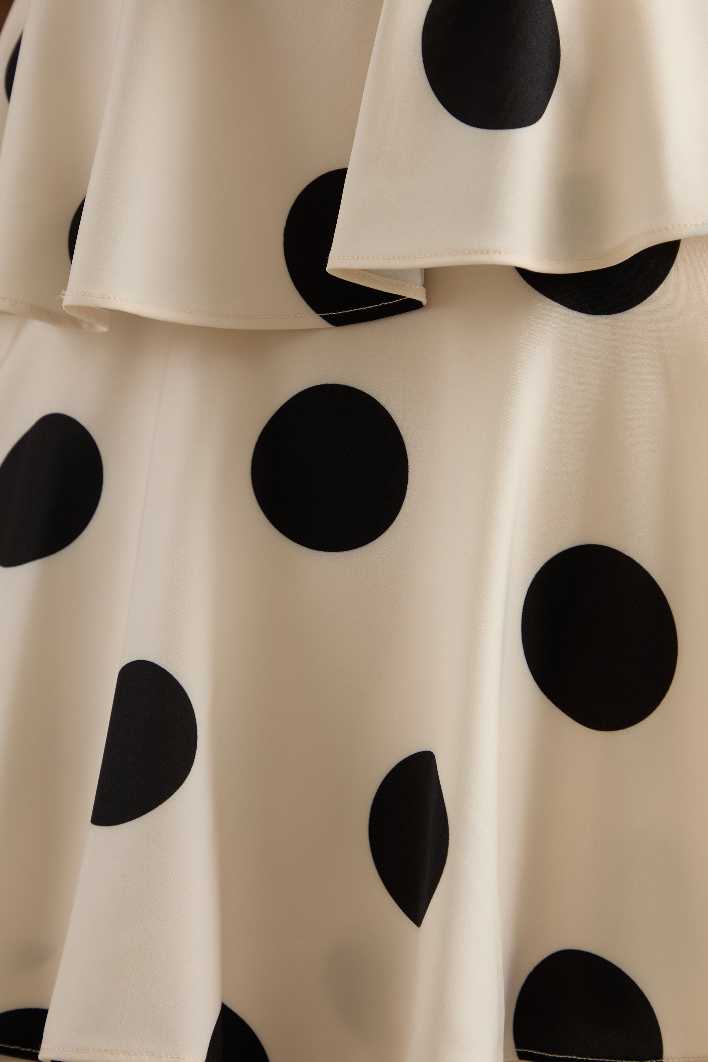 Talise | Cream Polka-Dot Satin Bandeau-Neck Tiered Maxi Dress With Scarf Detail
