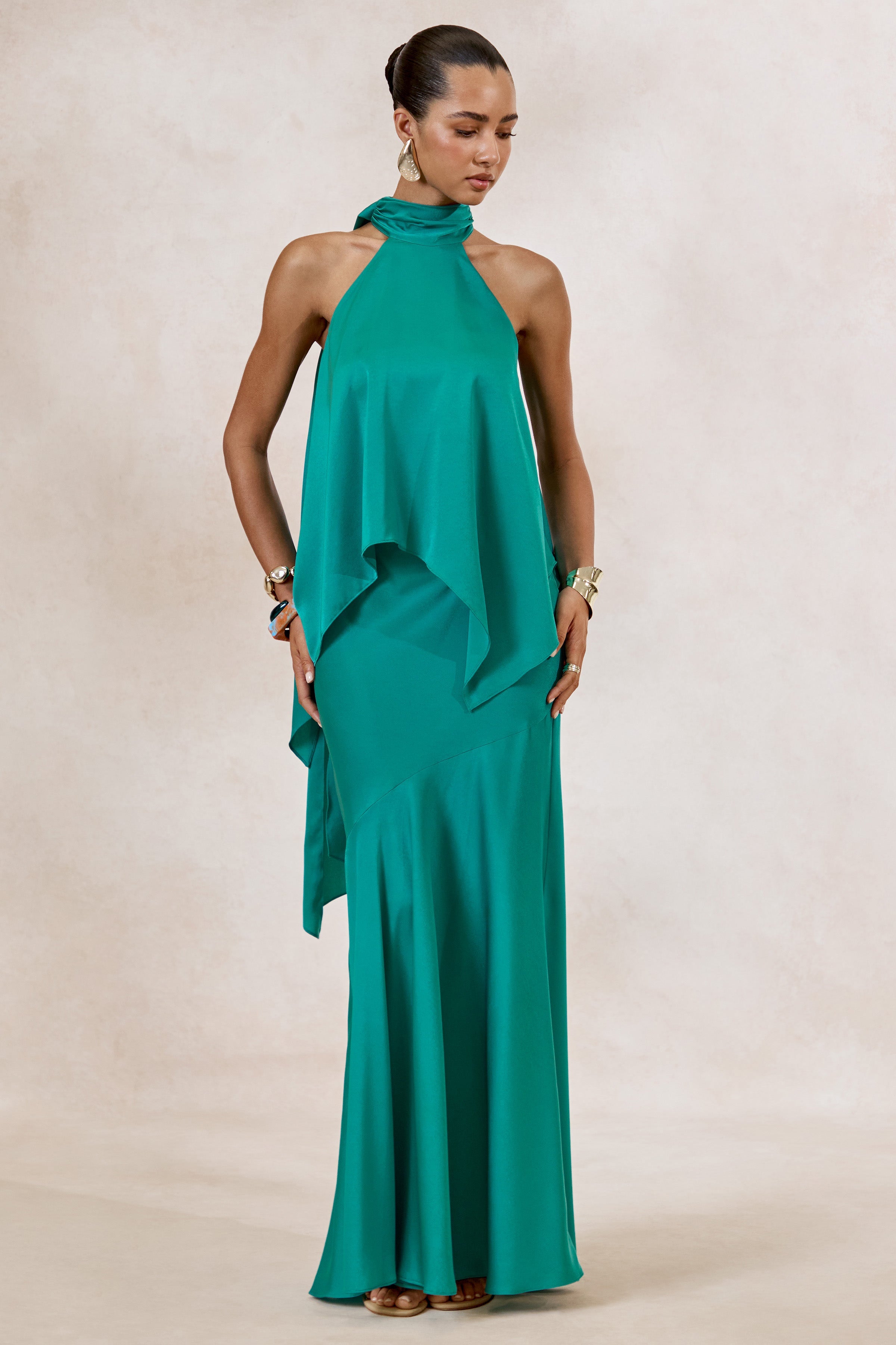 Sarina | Teal Satin Halter-Neck Top