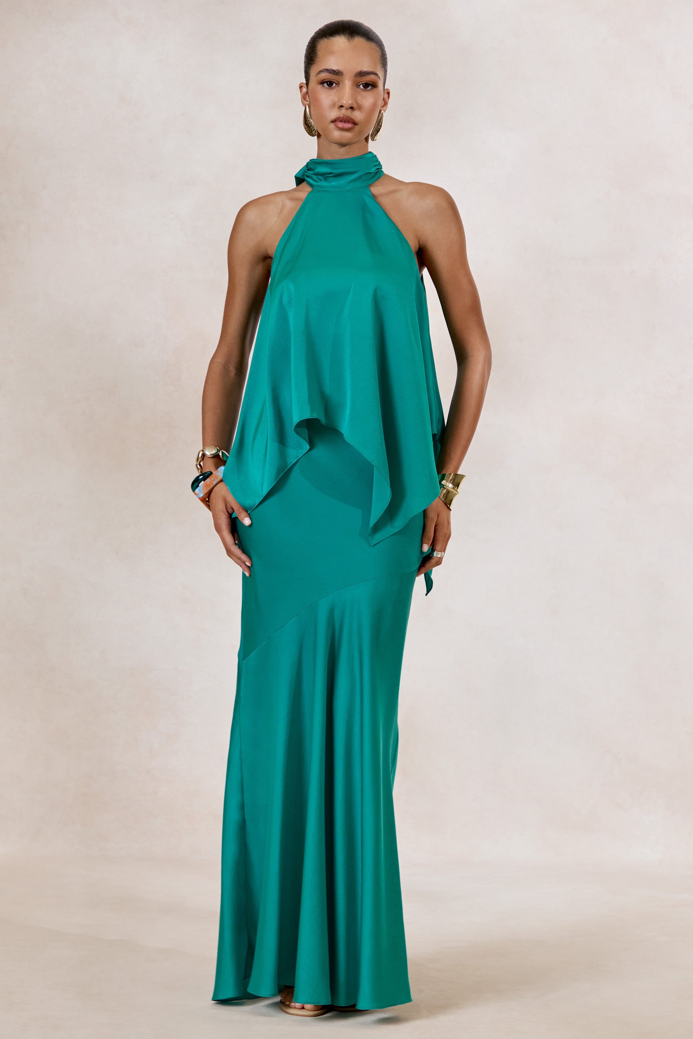 Sarina | Teal Satin Halter-Neck Top