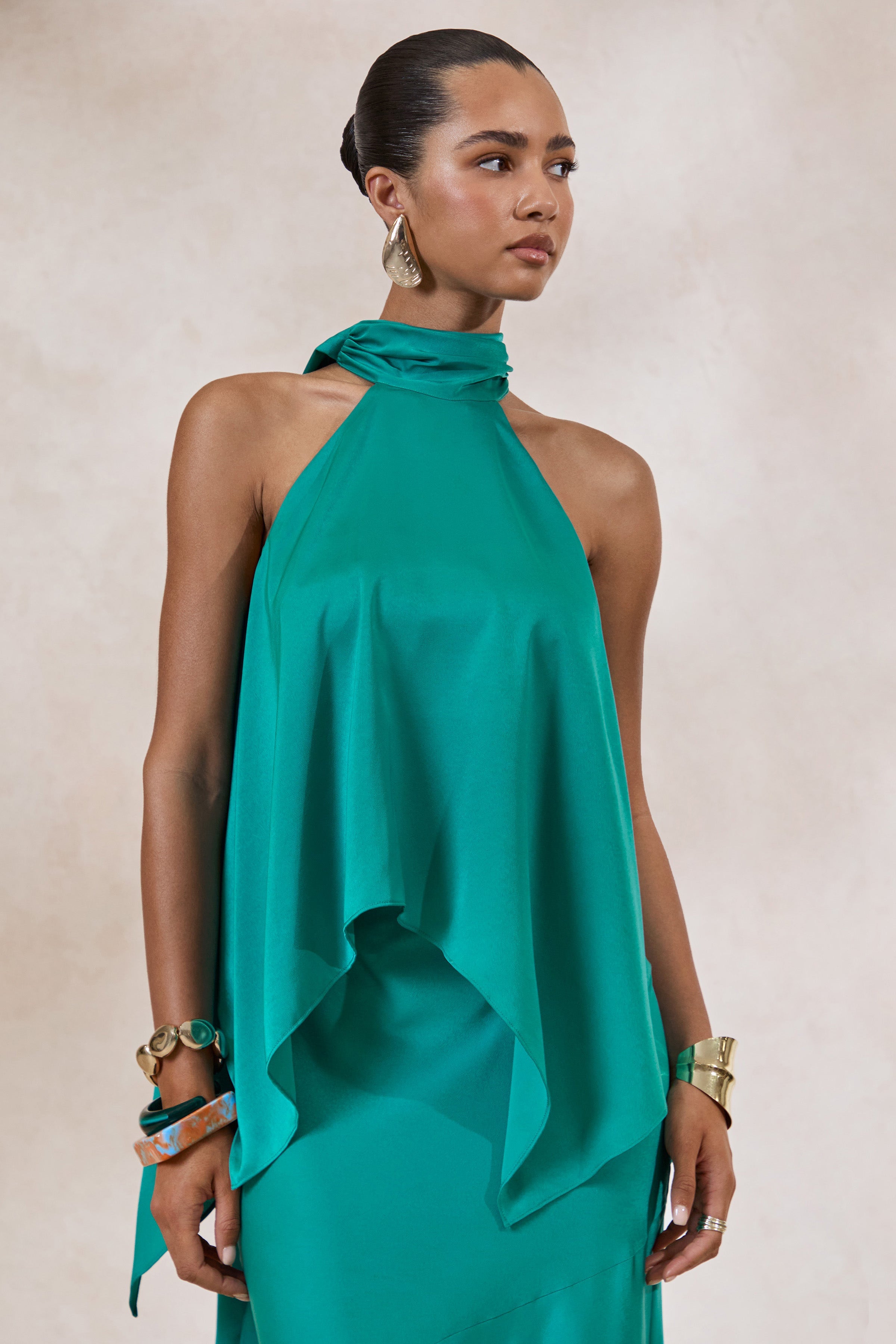 Sarina | Teal Satin Halter-Neck Top
