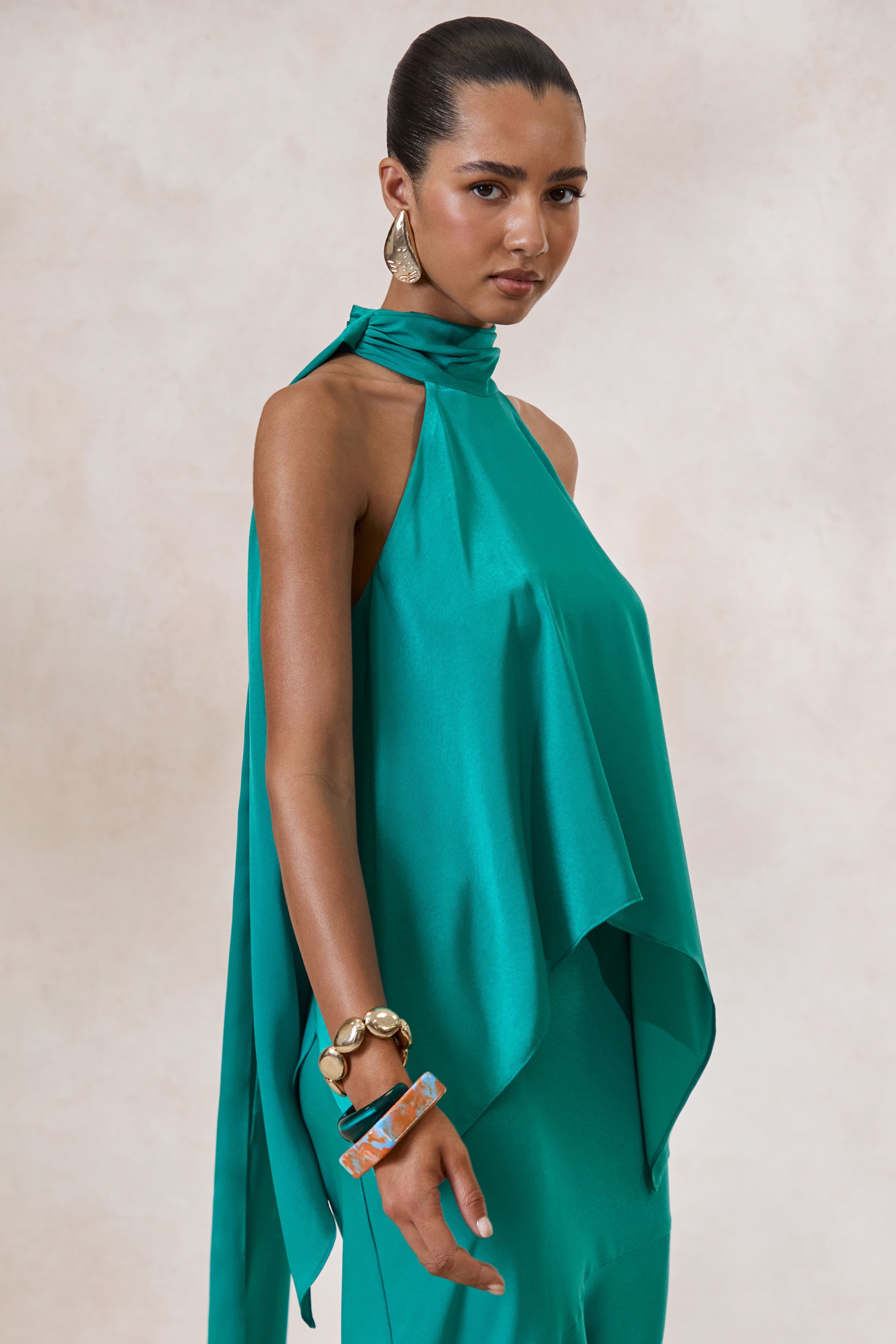 Sarina | Teal Satin Halter-Neck Top