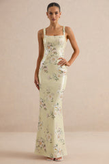 Danette | Yellow Floral Print Sequin Square-Neck Maxi Dress