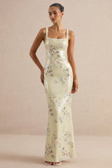 Danette | Yellow Floral Print Sequin Square-Neck Maxi Dress
