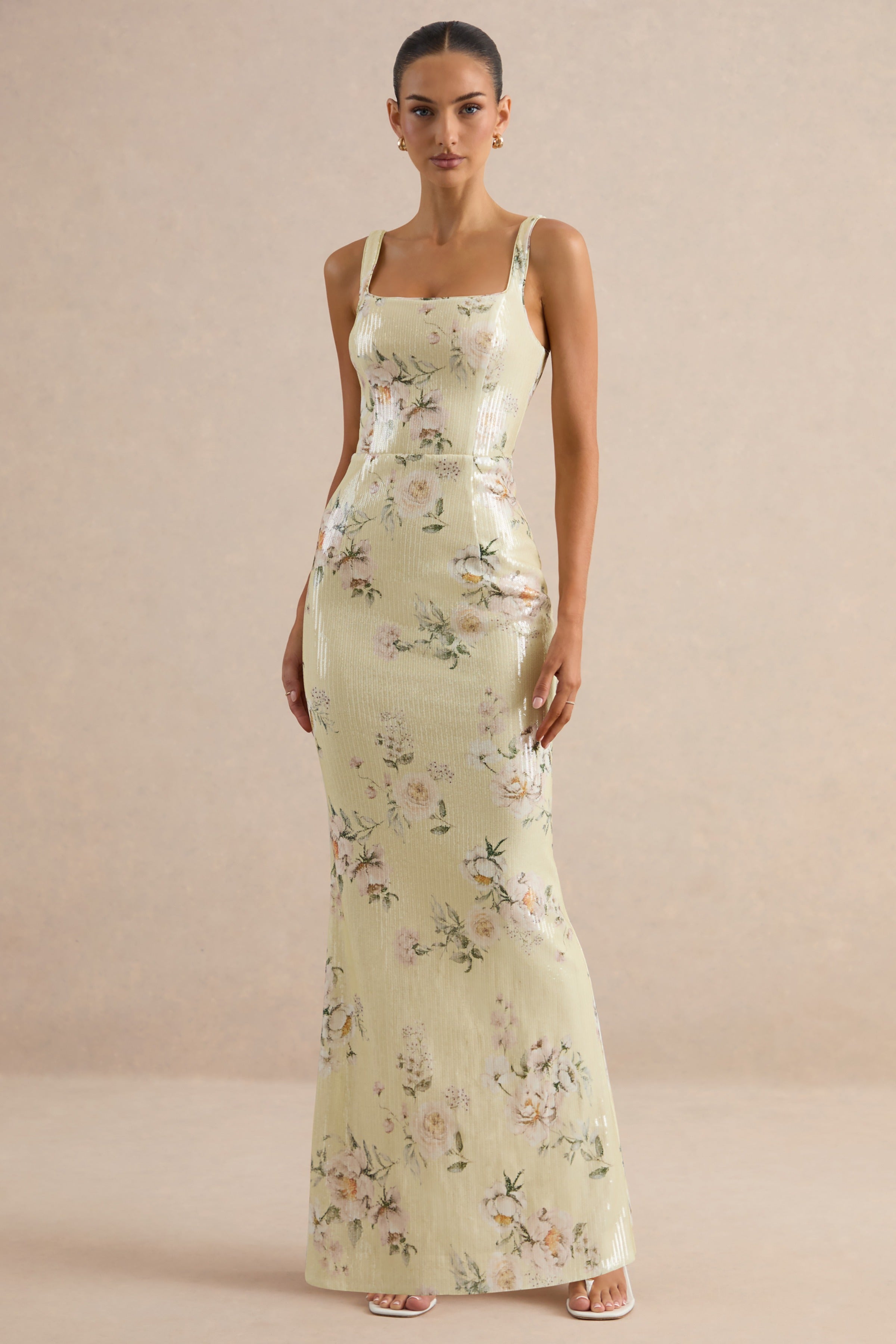 Danette | Yellow Floral Print Sequin Square-Neck Maxi Dress