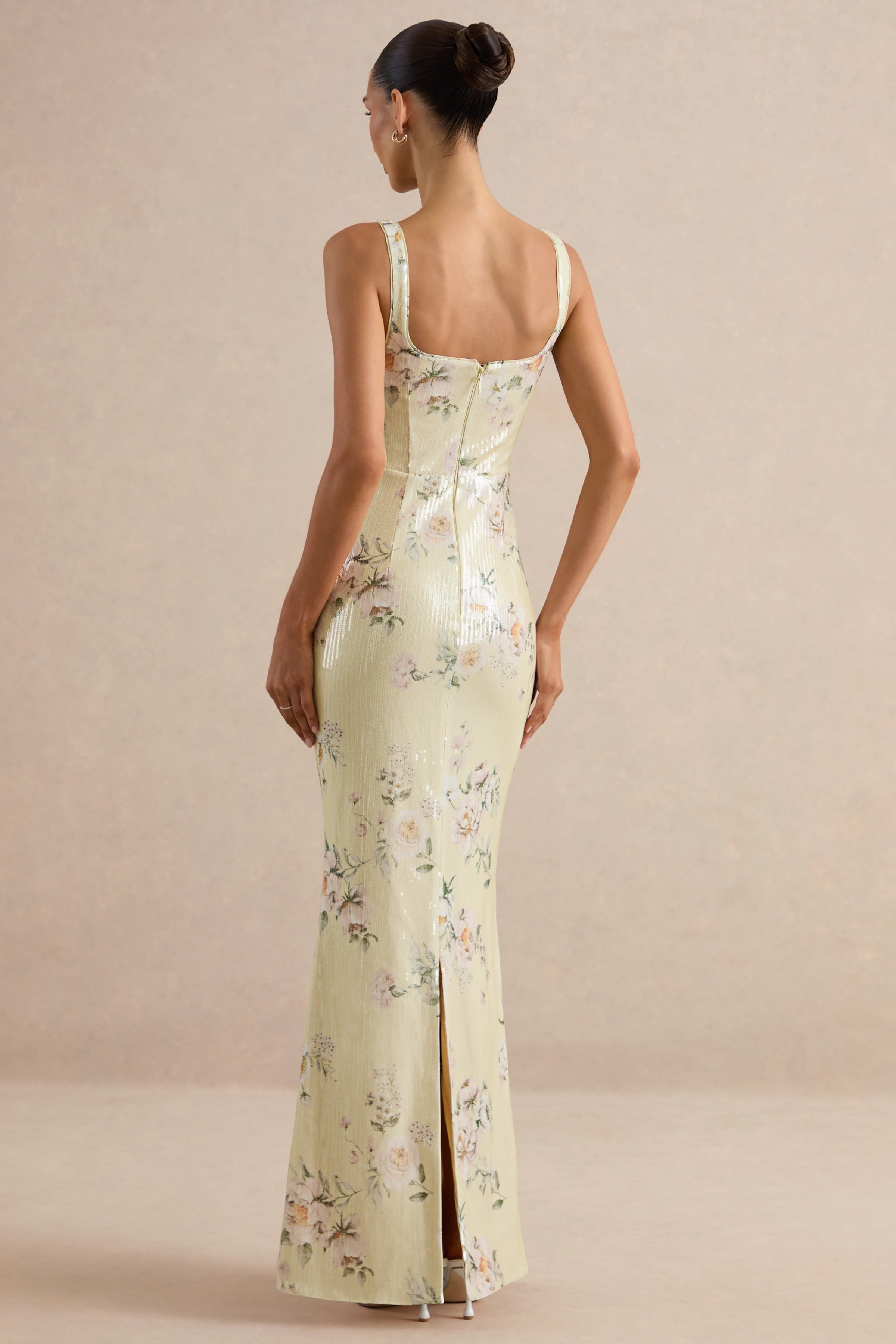 Danette | Yellow Floral Print Sequin Square-Neck Maxi Dress