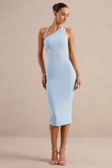 Vela | Light Blue Asymmetric-Neck Midi Dress