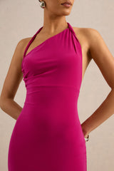 Vela | Hot Pink Asymmetric-Neck Midi Dress