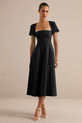 Donia | Black Square-Neck Midi Skater Dress