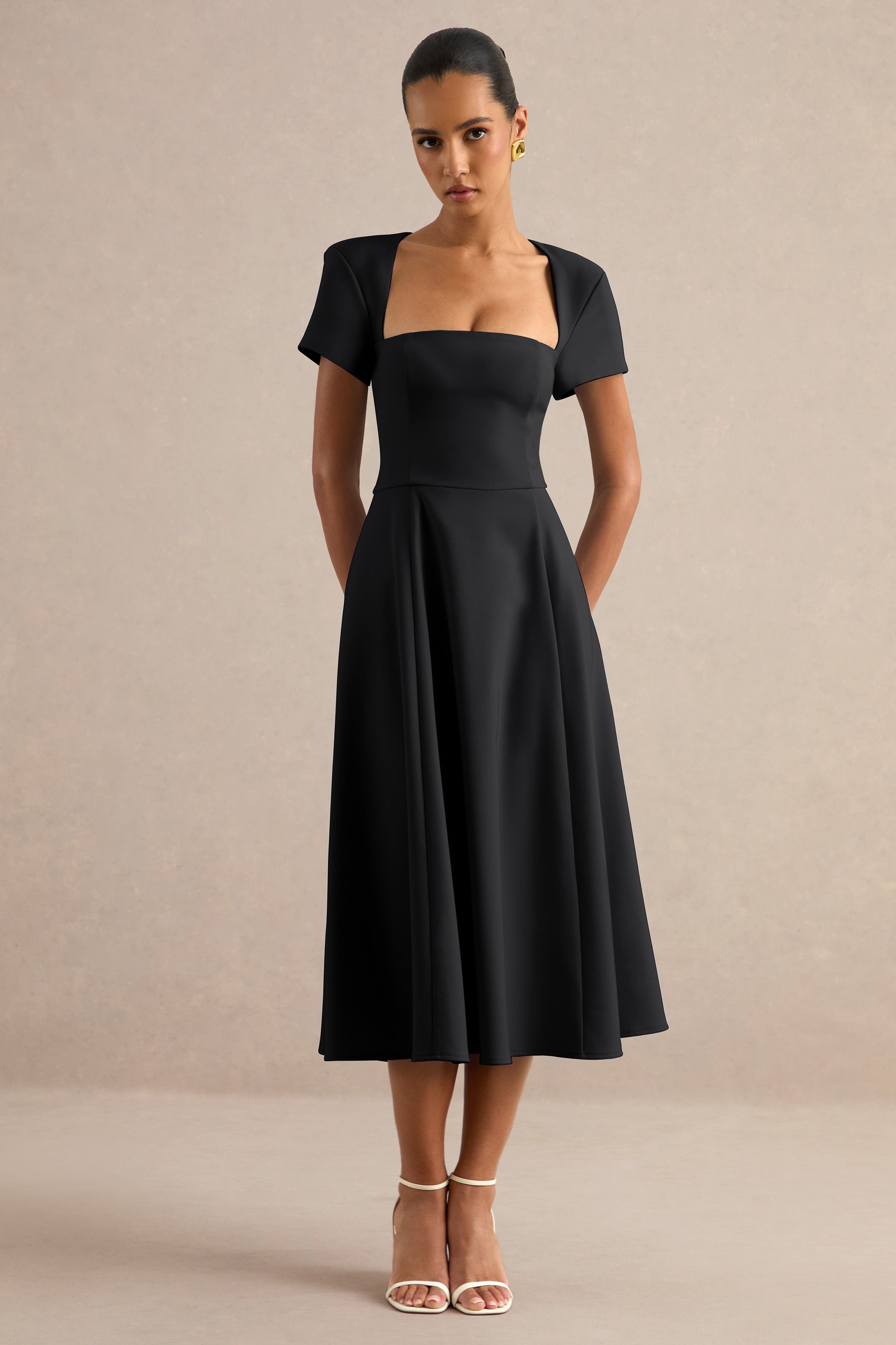 Donia | Black Square-Neck Midi Skater Dress