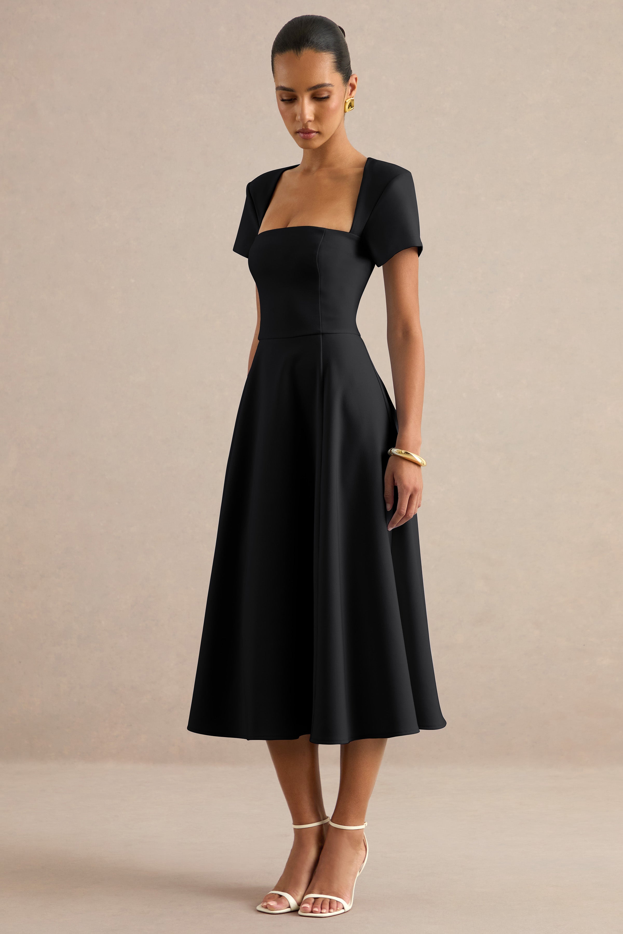 Donia | Black Square-Neck Midi Skater Dress