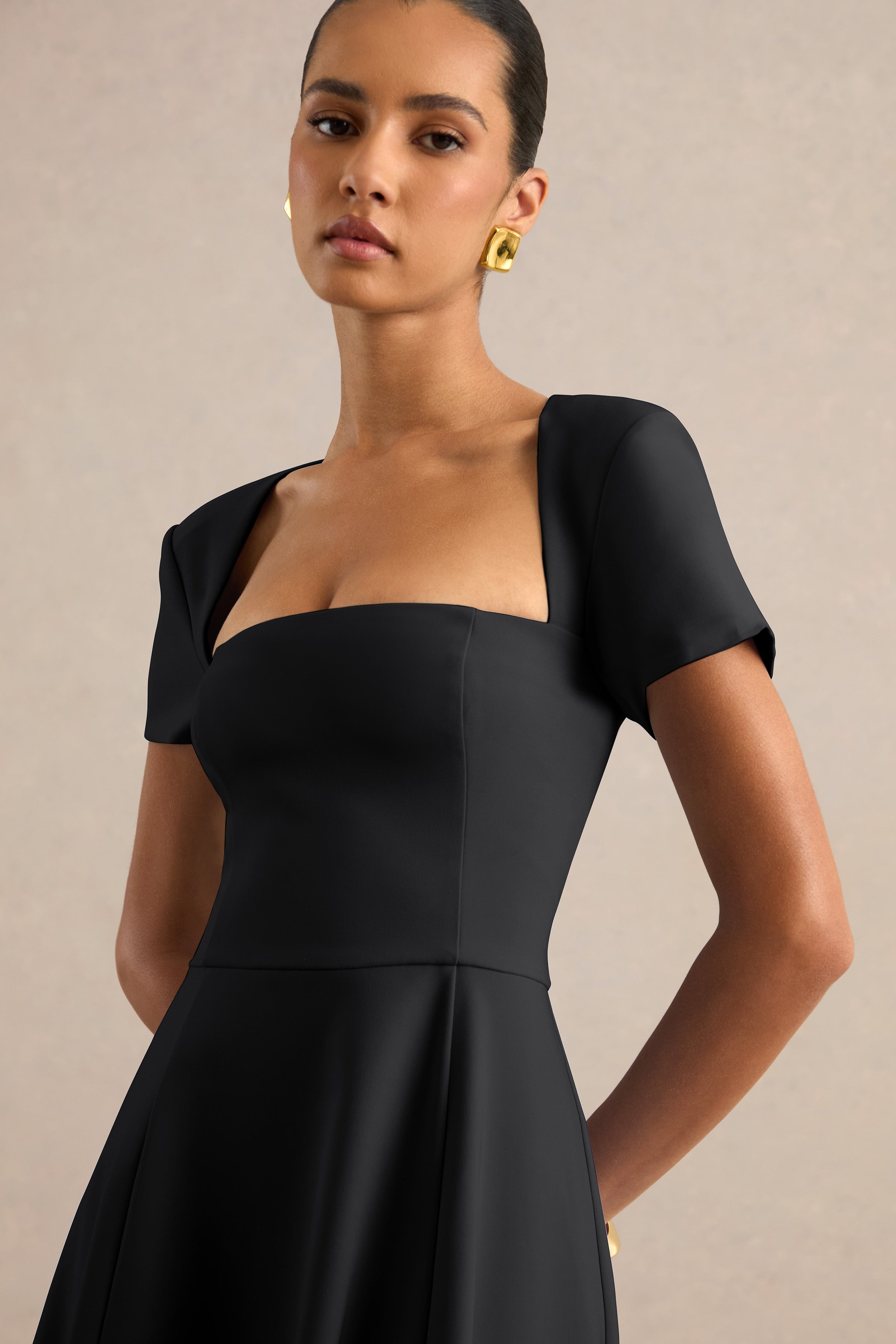 Donia | Black Square-Neck Midi Skater Dress
