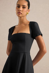 Donia | Black Square-Neck Midi Skater Dress