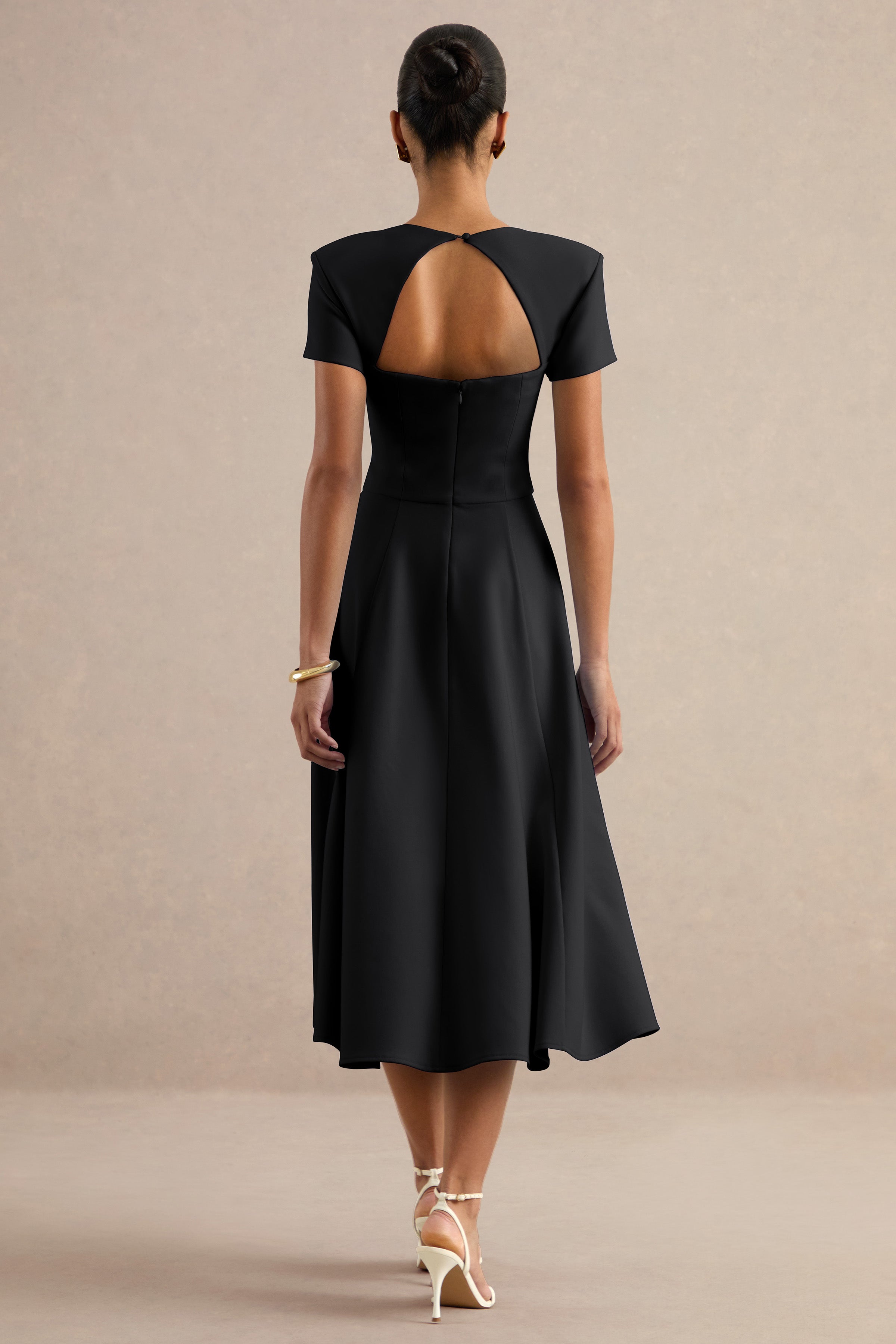 Donia | Black Square-Neck Midi Skater Dress
