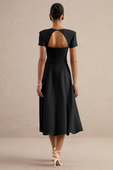 Donia | Black Square-Neck Midi Skater Dress