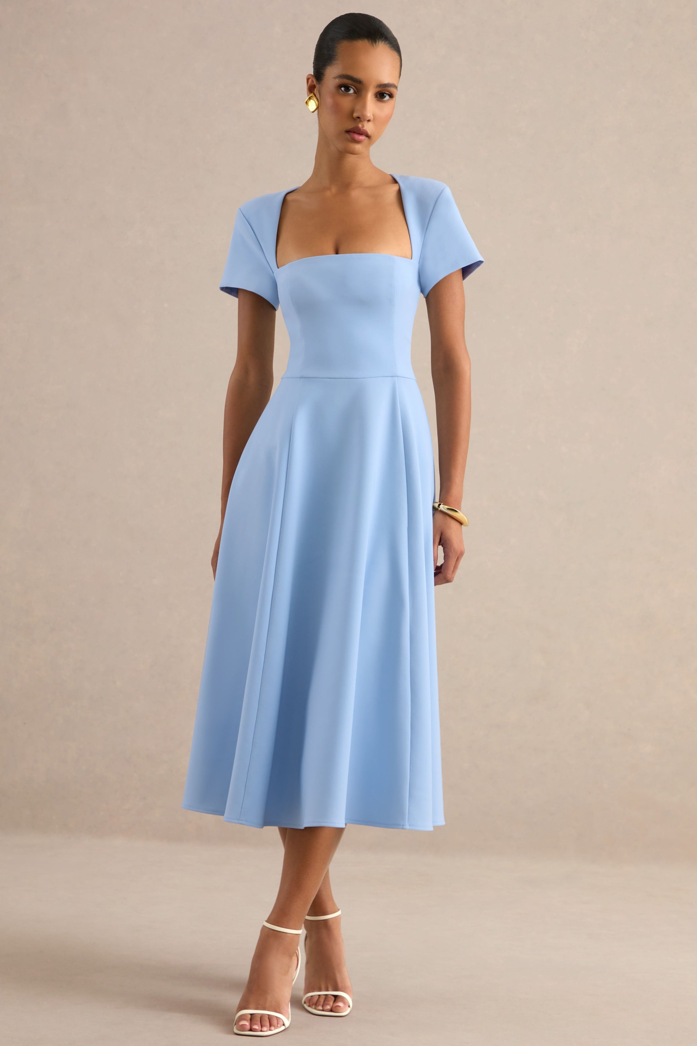 Donia | Light Blue Square-Neck Midi Skater Dress