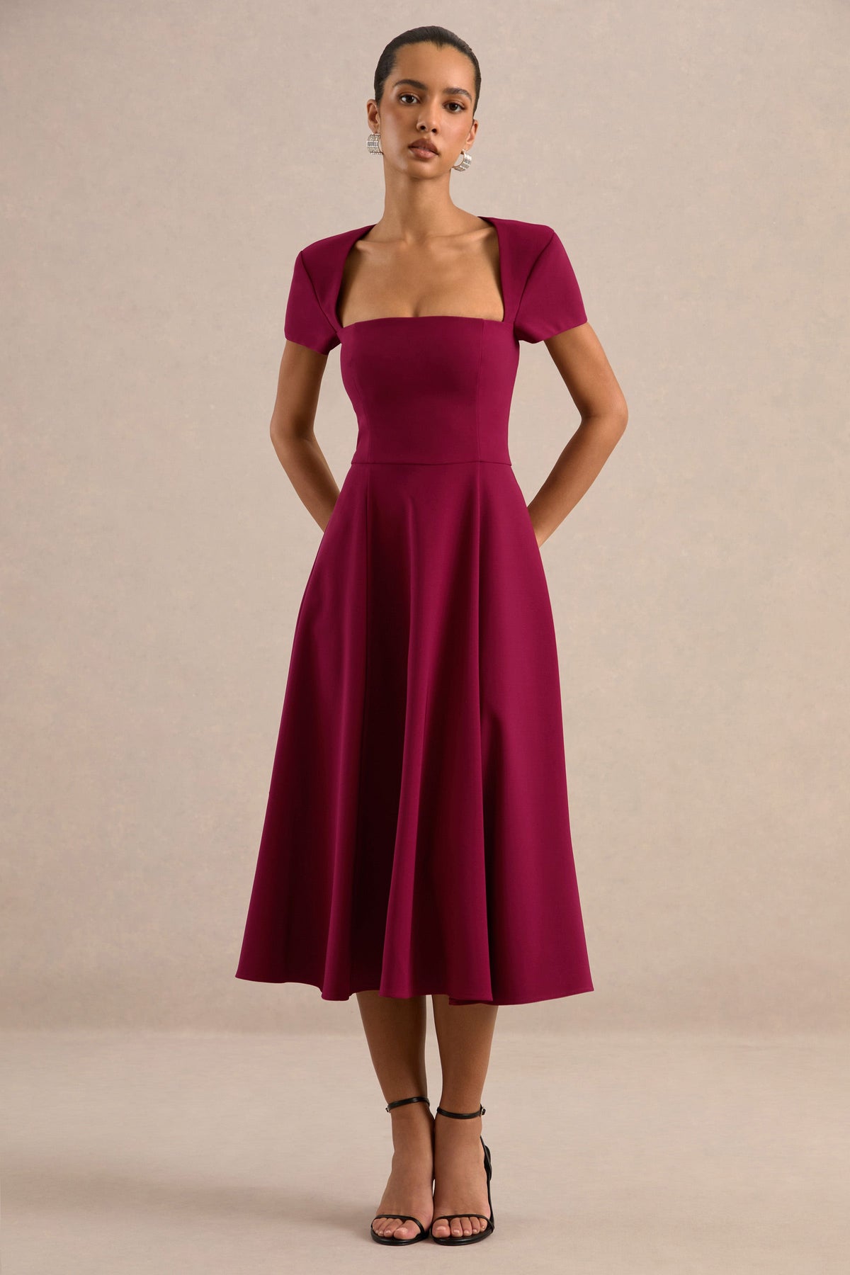 Donia | Burgundy Square-Neck Midi Skater Dress