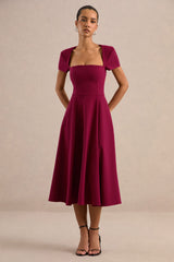 Donia | Burgundy Square-Neck Midi Skater Dress