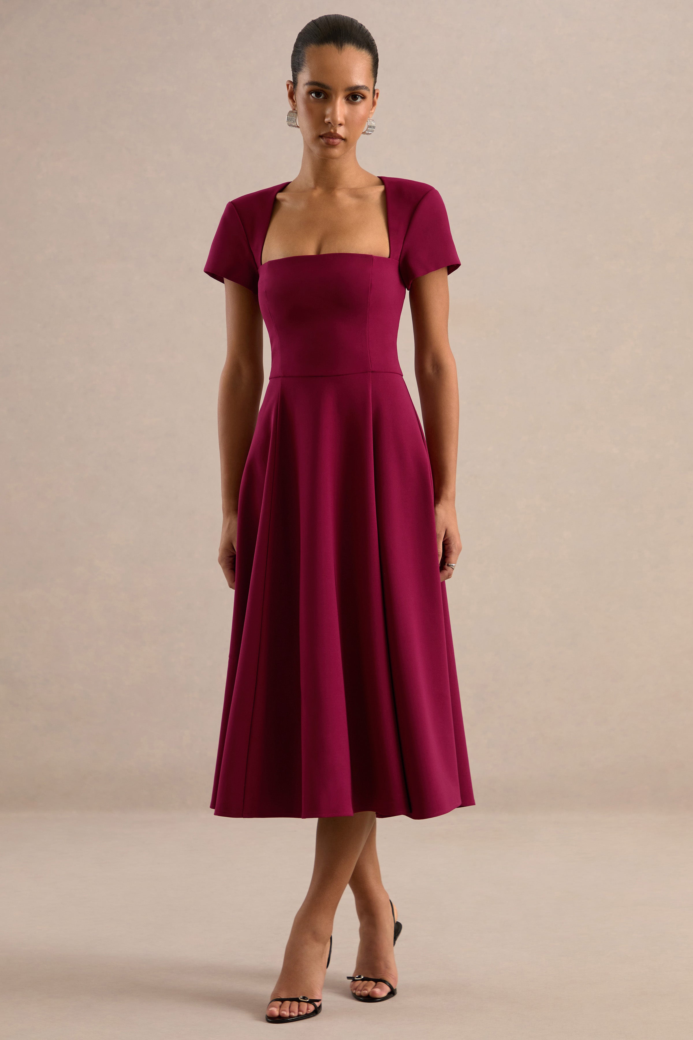 Donia | Burgundy Square-Neck Midi Skater Dress