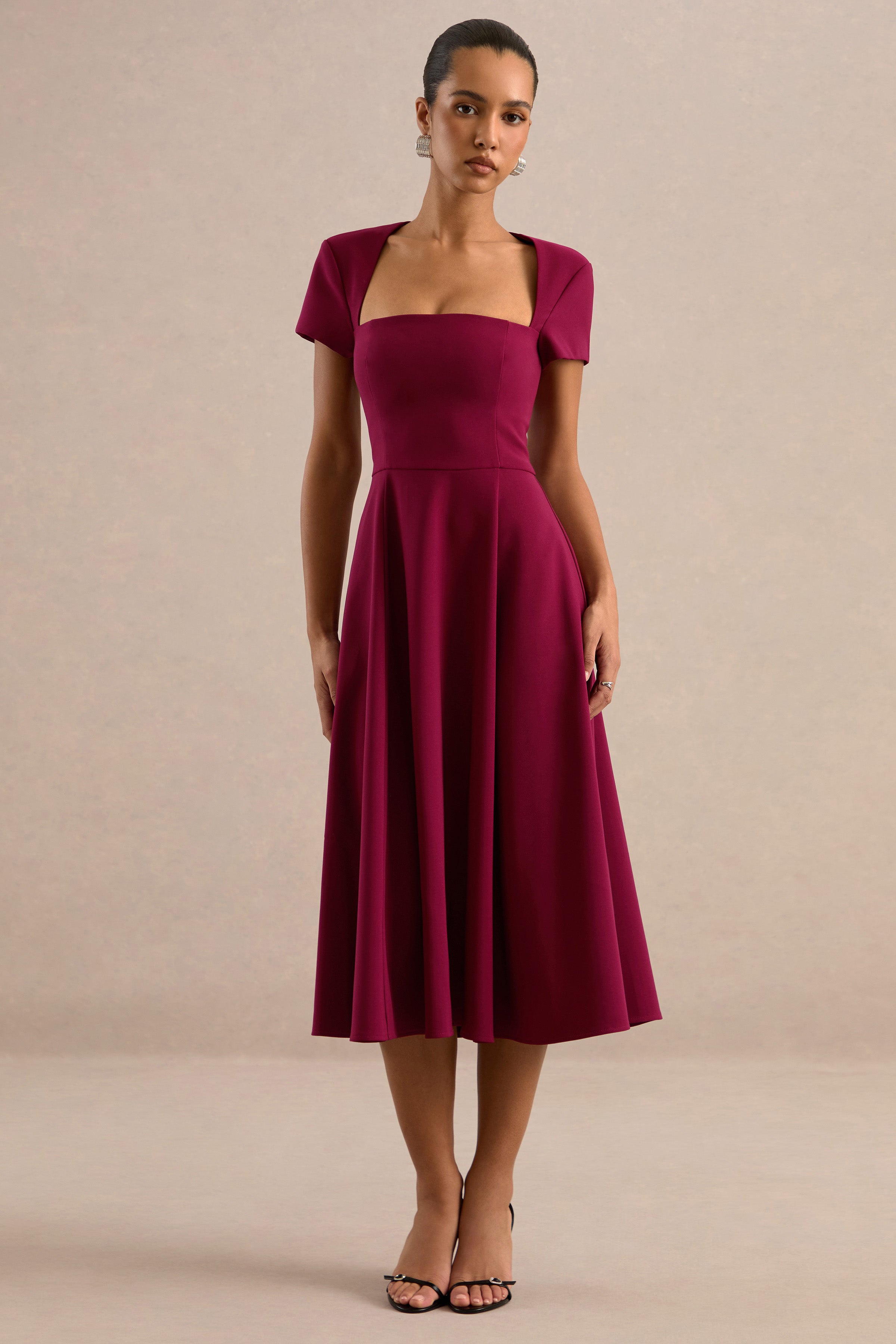 Donia | Burgundy Square-Neck Midi Skater Dress