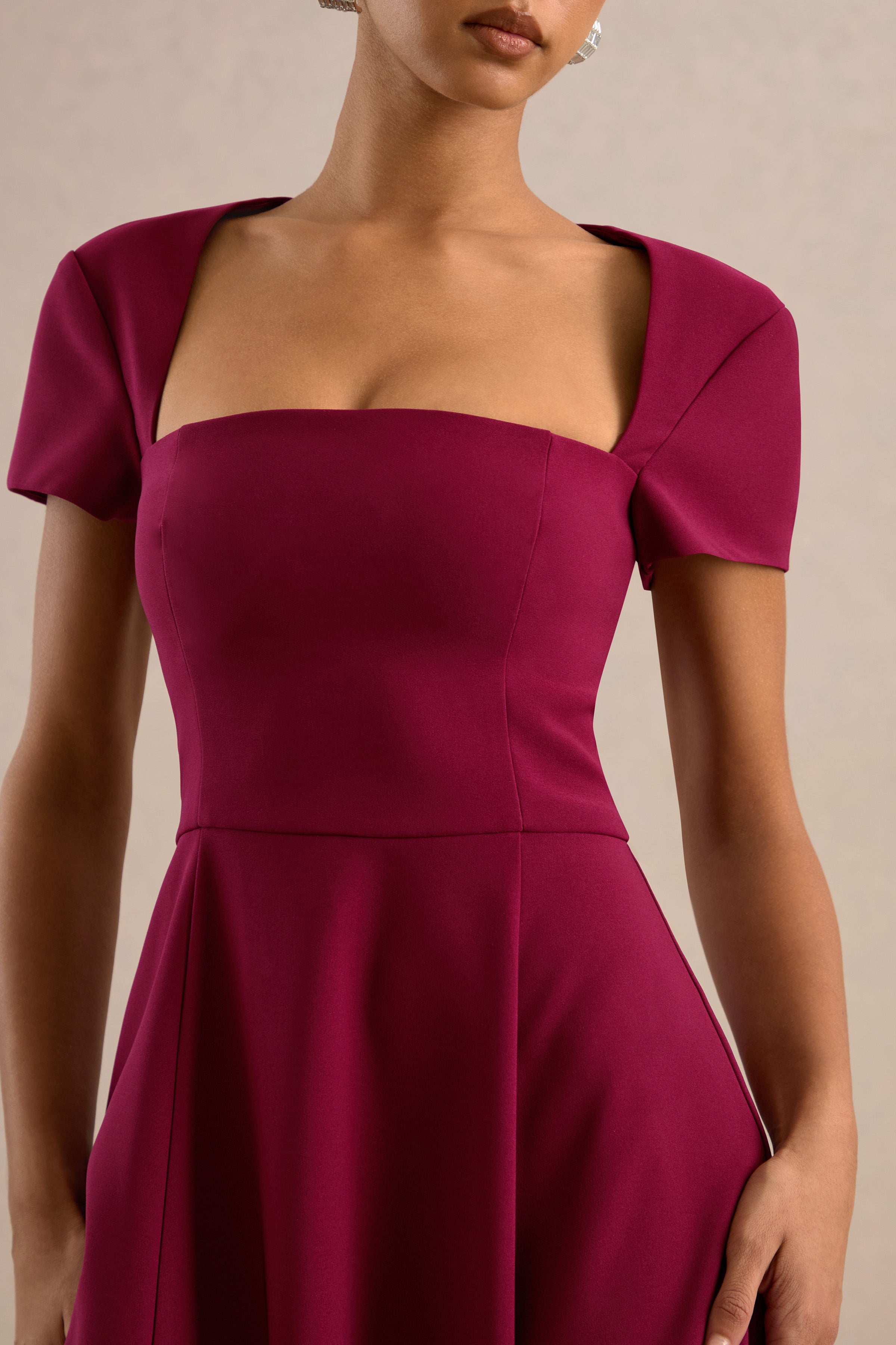 Donia | Burgundy Square-Neck Midi Skater Dress