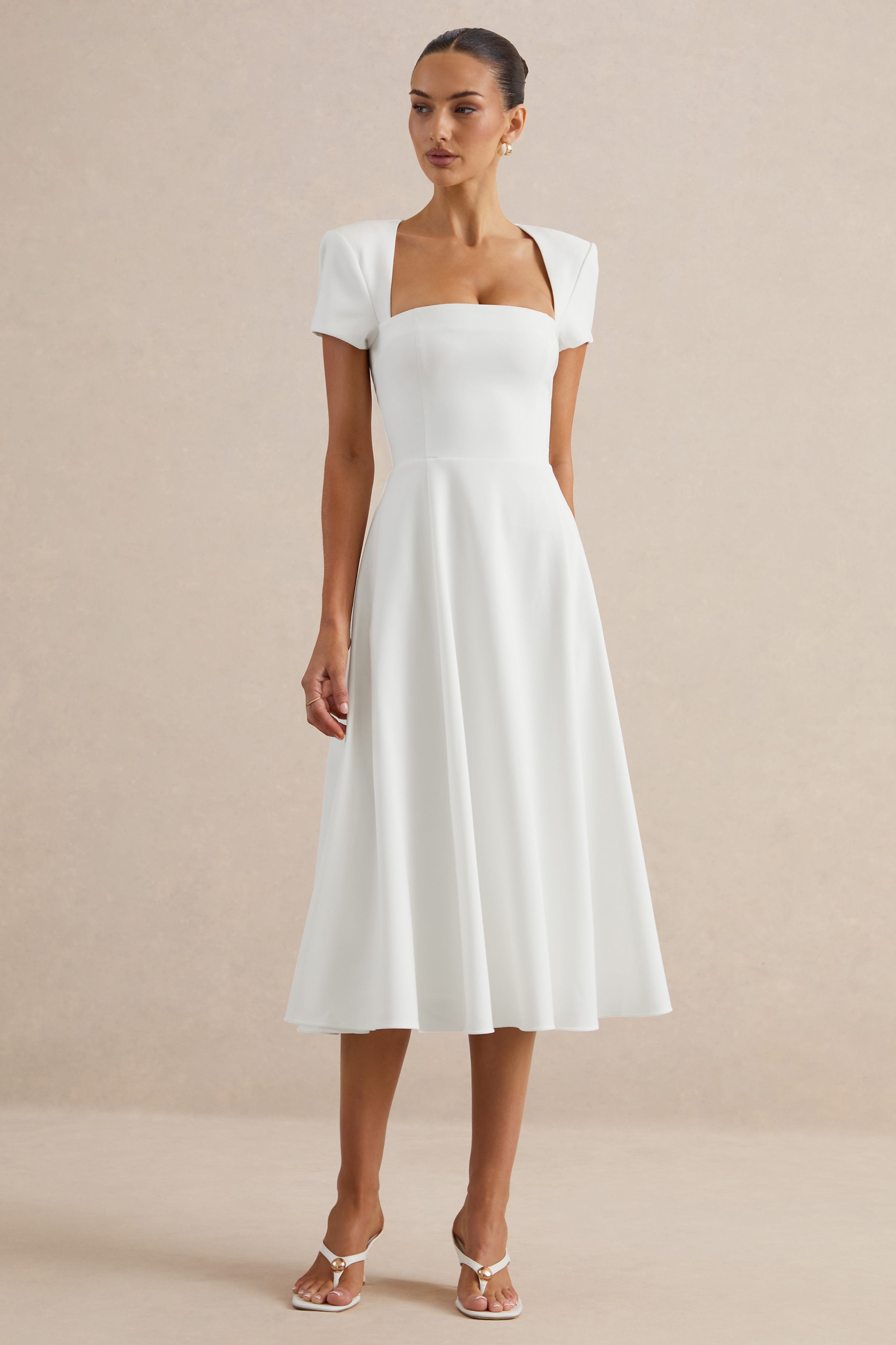 Donia | White Square-Neck Midi Skater Dress